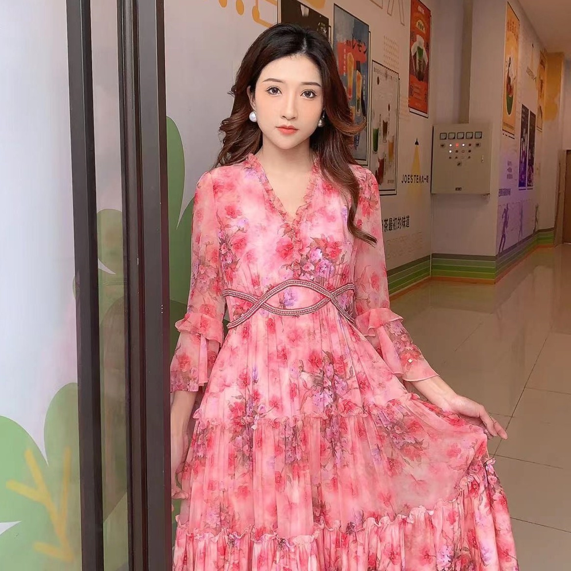 Long-Sleeve Heavy-Duty Diamond Print Summer Dress