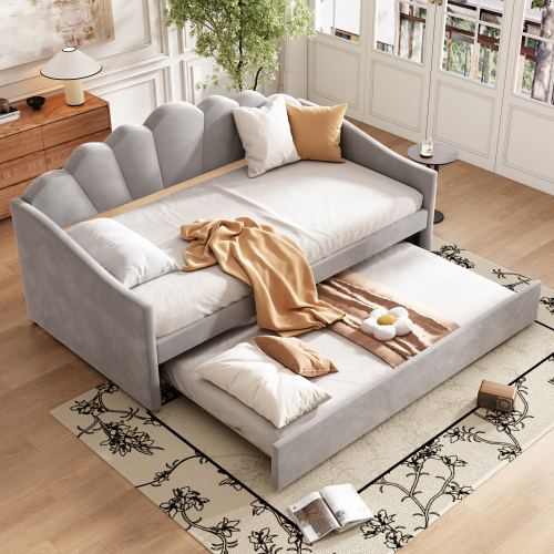 Upholstered 3ft Single Day Bed with Pull-Out Trundle in Grey Velvet