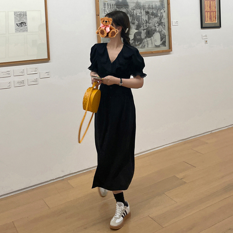 Puff-Sleeve V-Neck Long Dress, picture 4 of 6