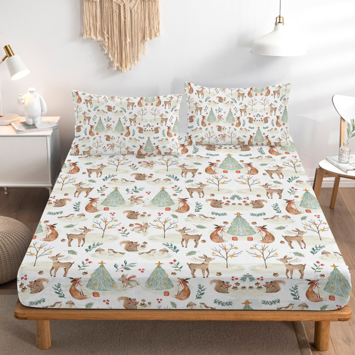 Sheet Set Kids - Cute Deer Fox 3 Pieces Soft Microfiber Cartoon Style Bedsheets For Boys Girls Teens, Breathable Deep Pocket Sheets Forest Animals
