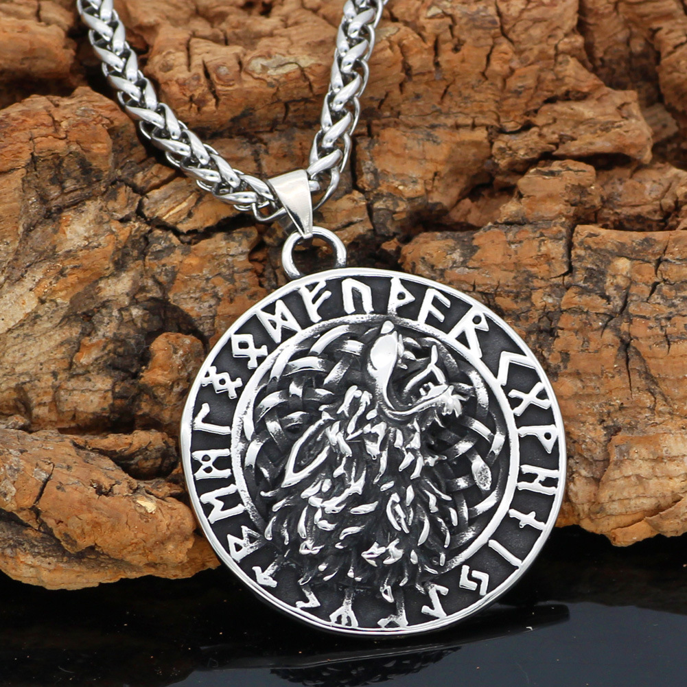 Titanium Steel Wolf Head Rune Shape Pendant Necklace