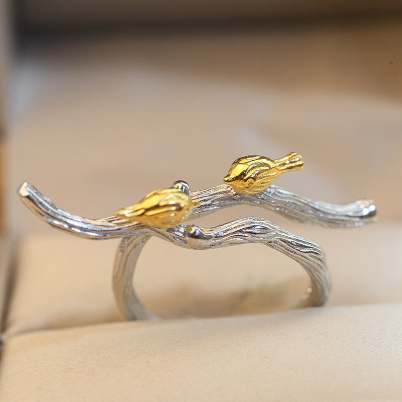 Original New S925 Sterling Silver Branch Color Gold Bird Ring Female