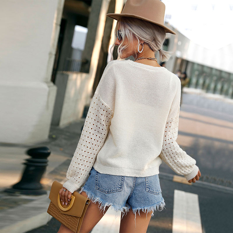 Fashion Thin Cutout Long Sleeve White Knit Sweater
