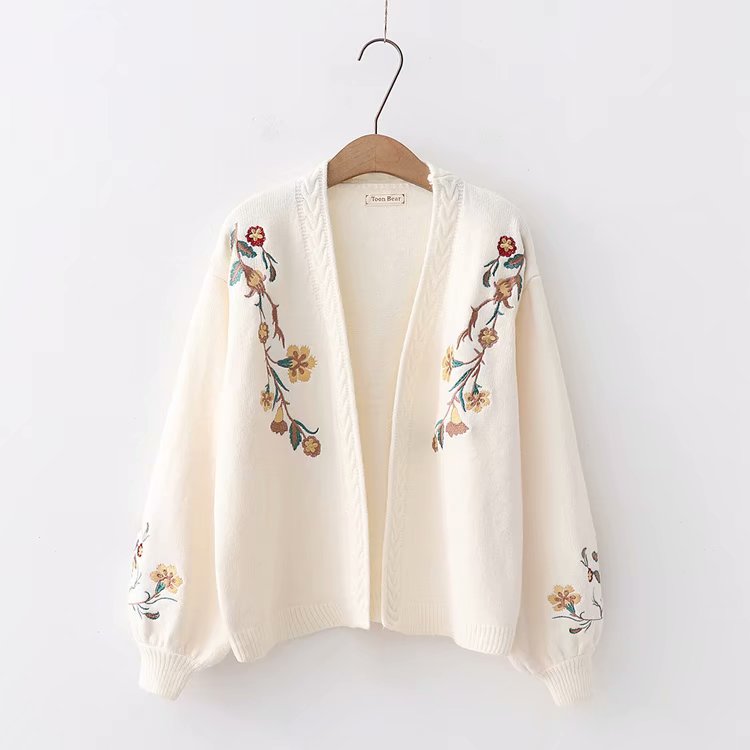 Knit Cardigan Embroidered Balloon Sleeve Loose Sweater Jacket Beige - Shop at LoveMi