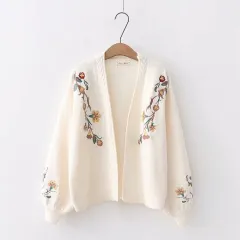 Knit Cardigan Embroidered Balloon Sleeve Loose Sweater Jacket - Beige - View 1