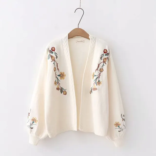 Knit Cardigan Embroidered Balloon Sleeve Loose Sweater Jacket Beige - Shop at LoveMi