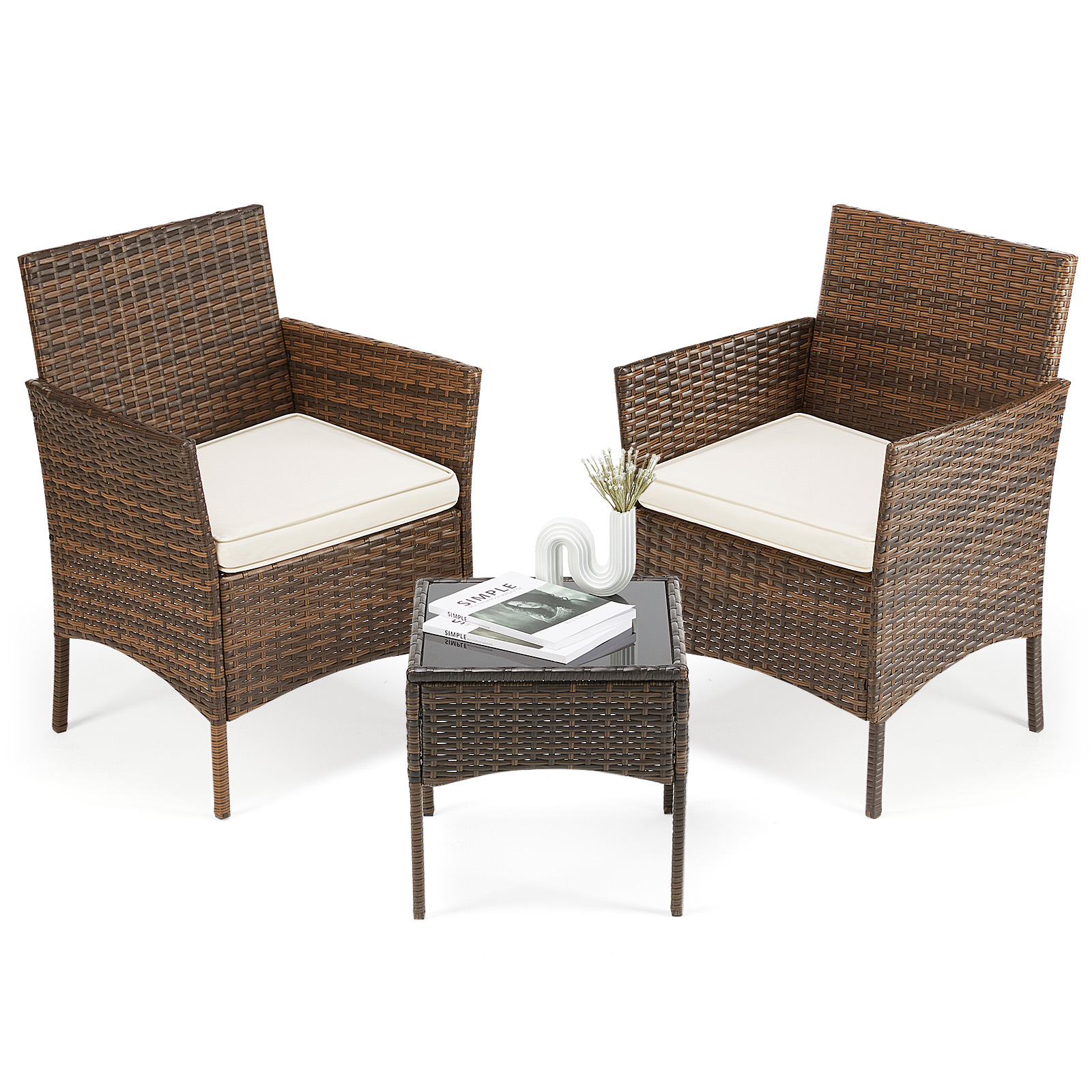 Three-piece Garden Furniture Set, Woven Outdoor Polyethylene Rattan Furniture, Equipped With A Coffee Table And Washable Cushions
