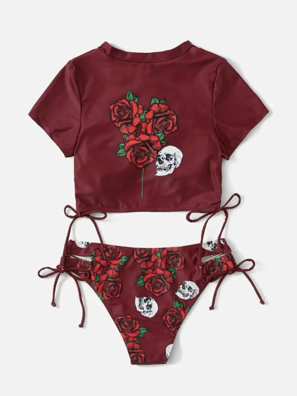 Rose Print Drawstring Split Bikini Swimsuit - Rose