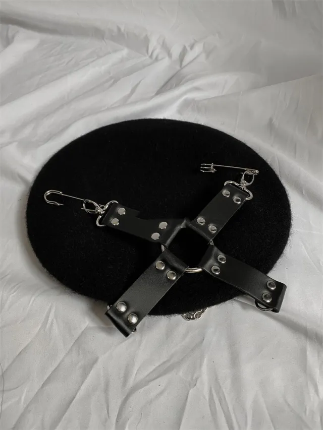 Punk Goth Pu Cross Pin Chain Painter Hat Painter Hat - Shop at LoveMi