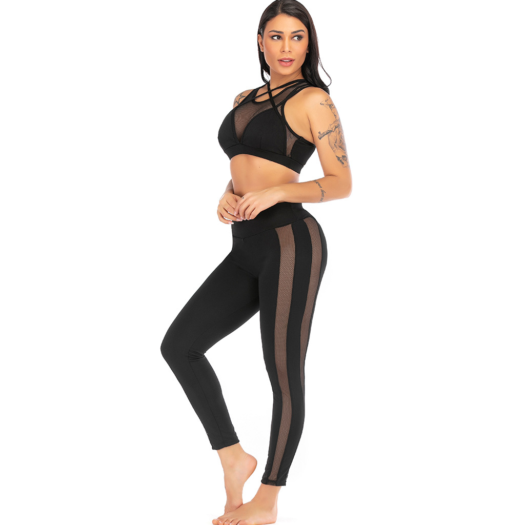 Sexy Mesh Cross-Strap Hollow Yoga Suit for Women