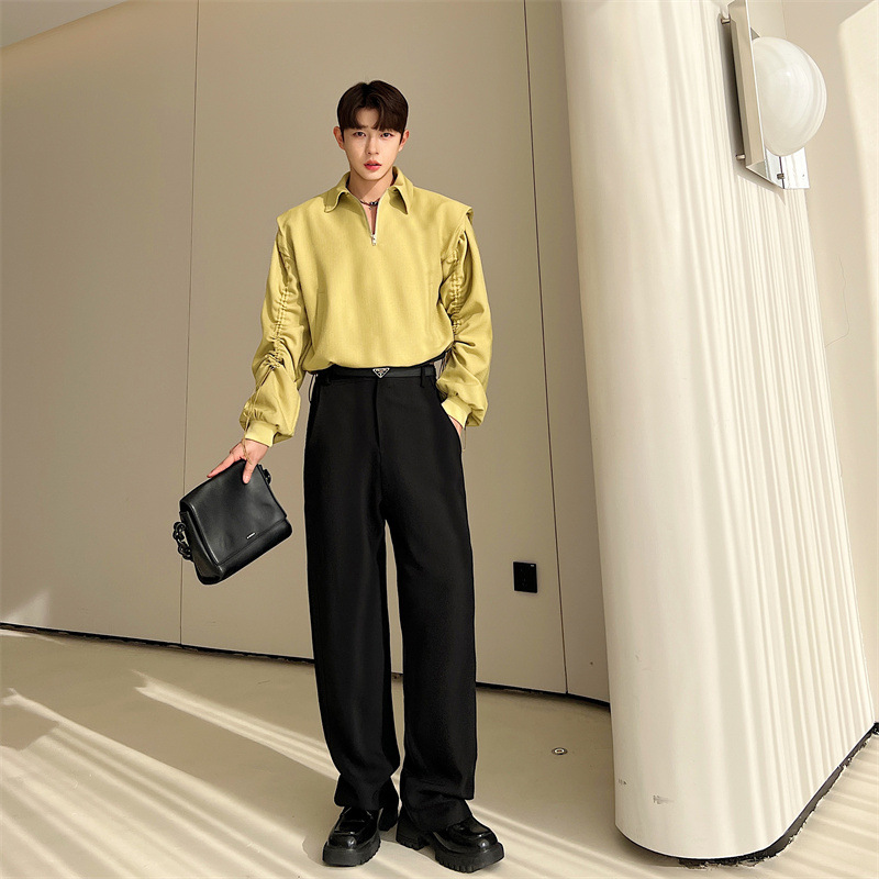 Men's Design Sense Drawstring Pleated Silhouette Shoulder Lapel Pullover