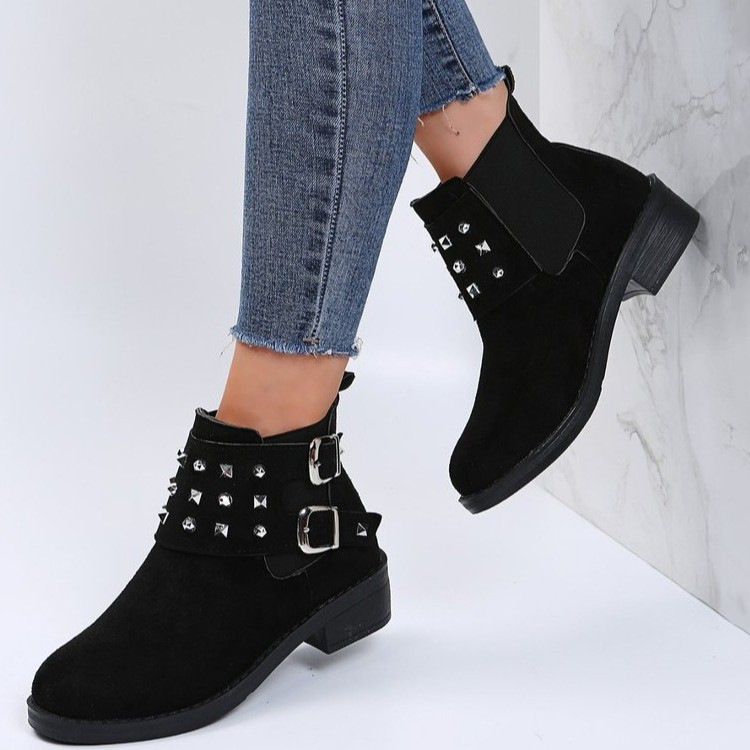 Suede Belt Buckle Rivet Vintage Round Head Heel