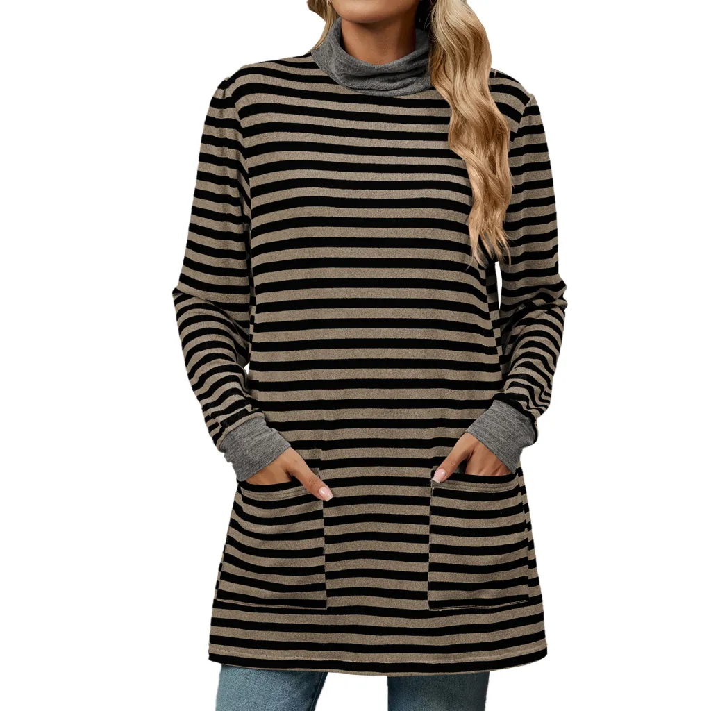 Fashion Striped Print Long Sweatshirt With Pocket Loose Long Sleeve Pullover T-shirt Top For Womens Clothing - Coffee