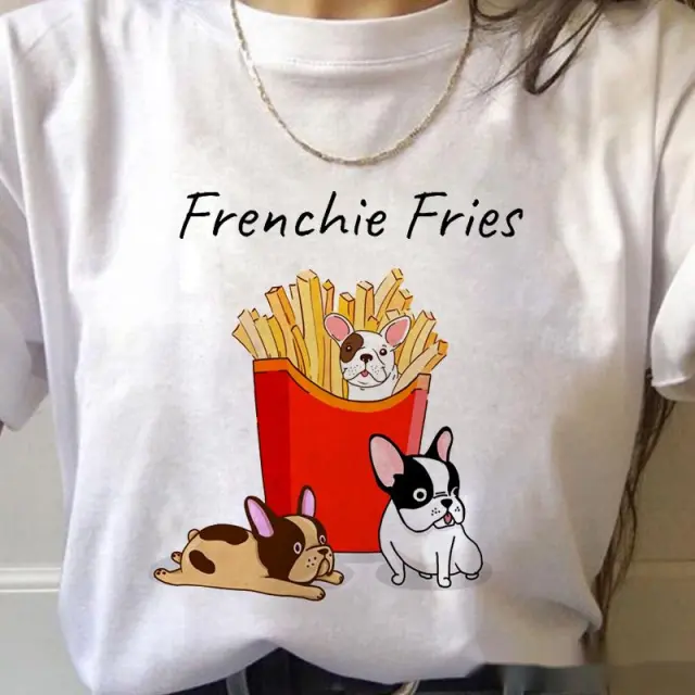 Love French Bulldog Print Cartoon Round Neck All match Female T shirt Picture E - Shop at LoveMi