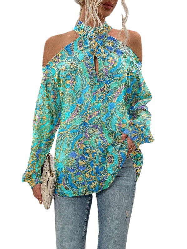 European And American Womens Halter Neck Straps Strapless Long Sleeved Blouse