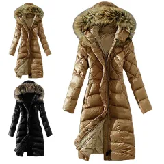 New Style Slim Down Coat With Large Fur Collar Imitation Raccoon - Khaki - View 1