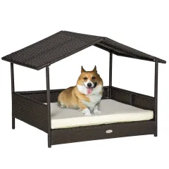 Wicker Dog Bed Outdoor Elevated With Rattan Canopy Cushioned PE Rattan Dog Cat House Sleeping Pad Cream - Black - View 1