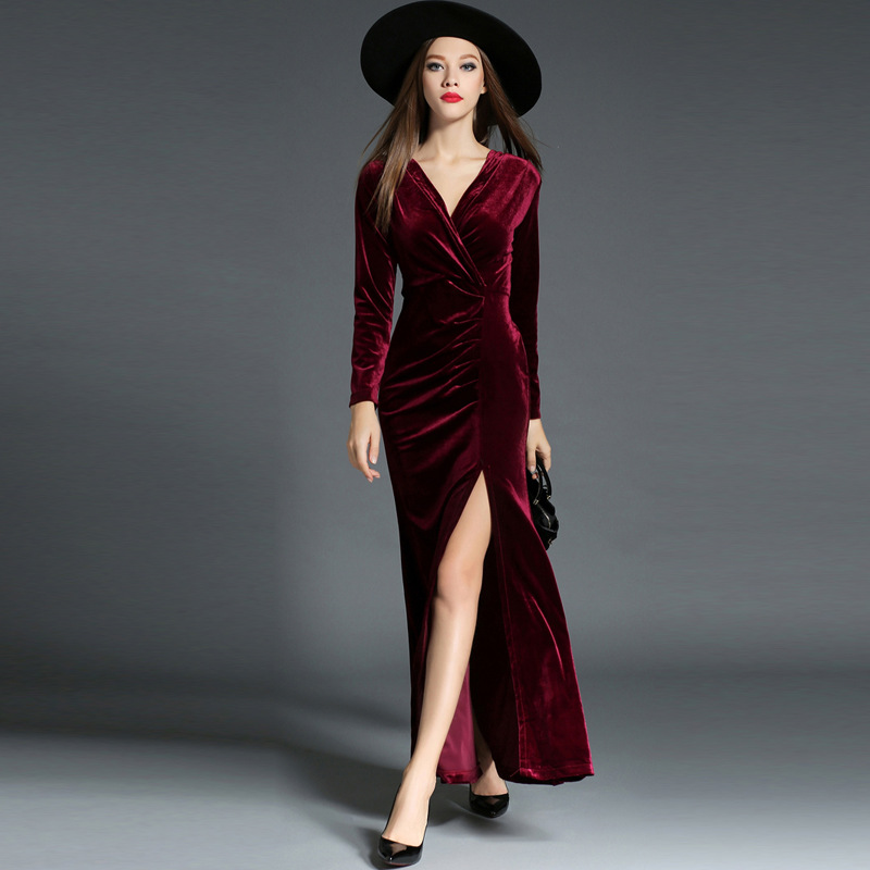 Long Sleeve Pleated Slit Dress Banquet Evening Dress