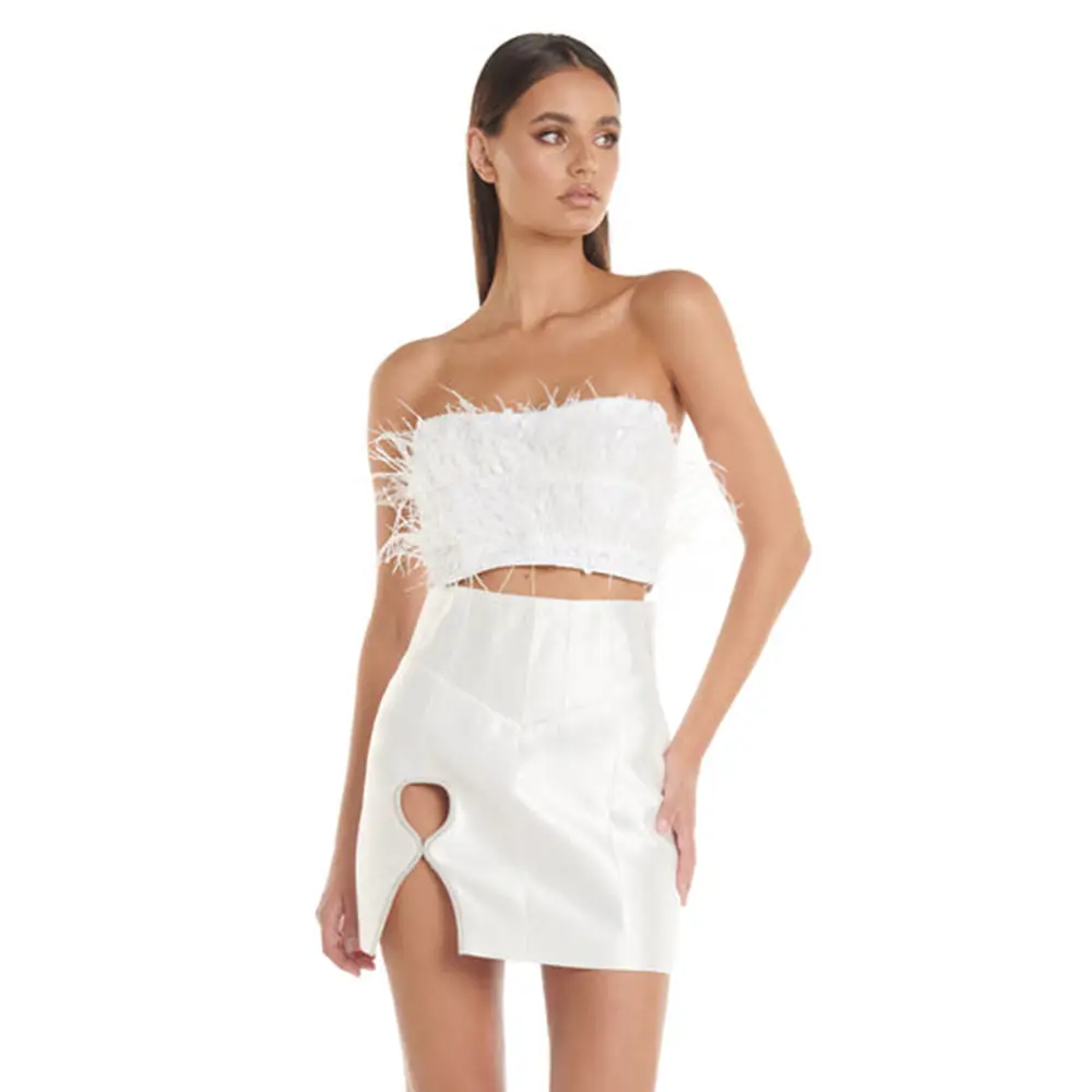 New Women's Tube Top Feather Sequins Sheath Tight Dress