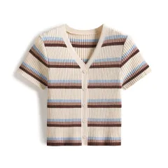 V-neck Classic Striped Knitted Sweater Women's Spring And Summer New High Waist - Apricot - View 1