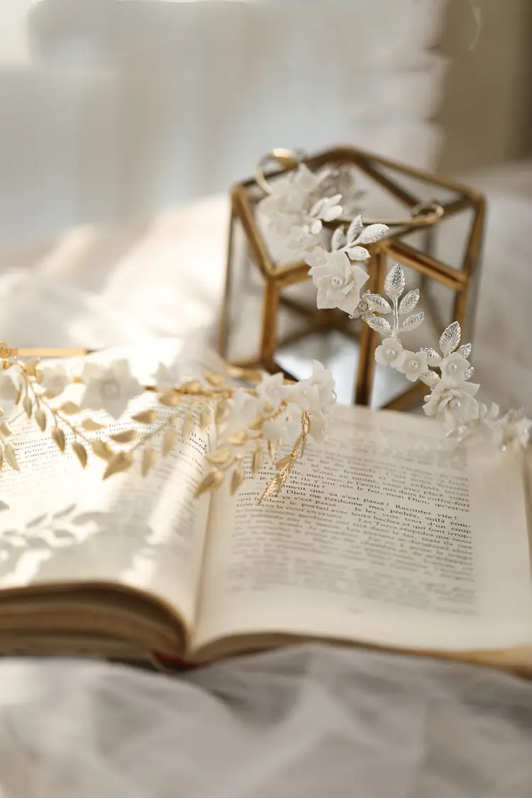 Hair Band Gold Leaf Silver White Flower
