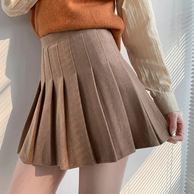 Half Skirt High Waist A Line Pleated Wool Skirt Coffee - Shop at LoveMi