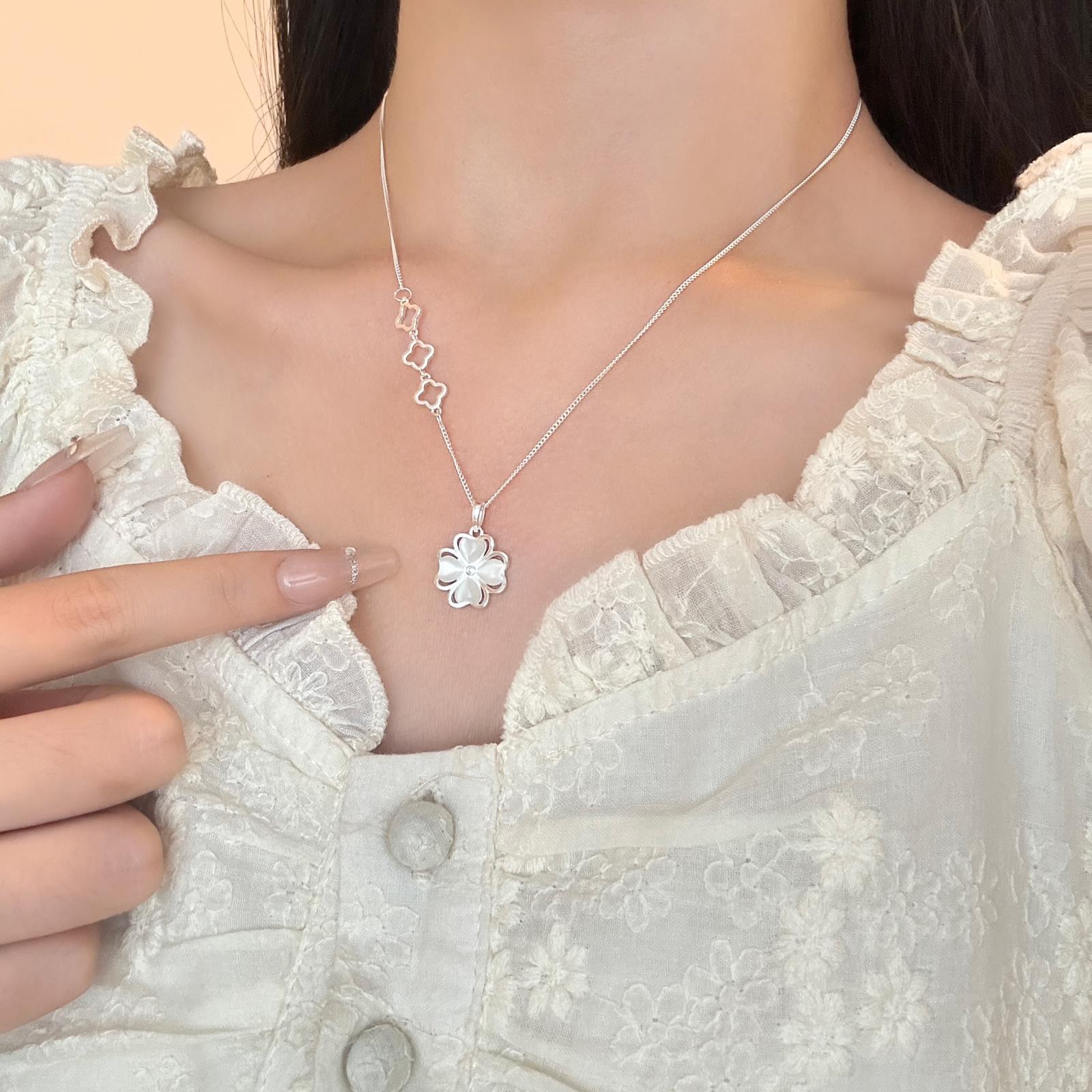 S999 Sterling Silver Cat's Eye Stone Necklace For Women, Elegant Luxury Versatile Clavicle Chain