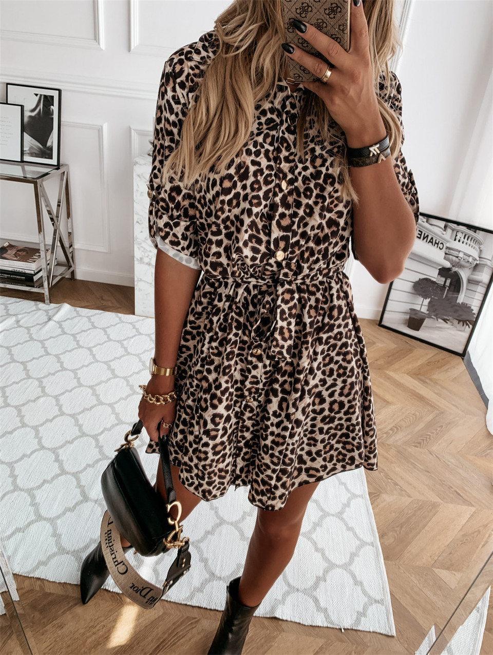 Sleeve-in-sleeve Long-sleeved Fashion Sexy Printed Shirt Dress With Buttons