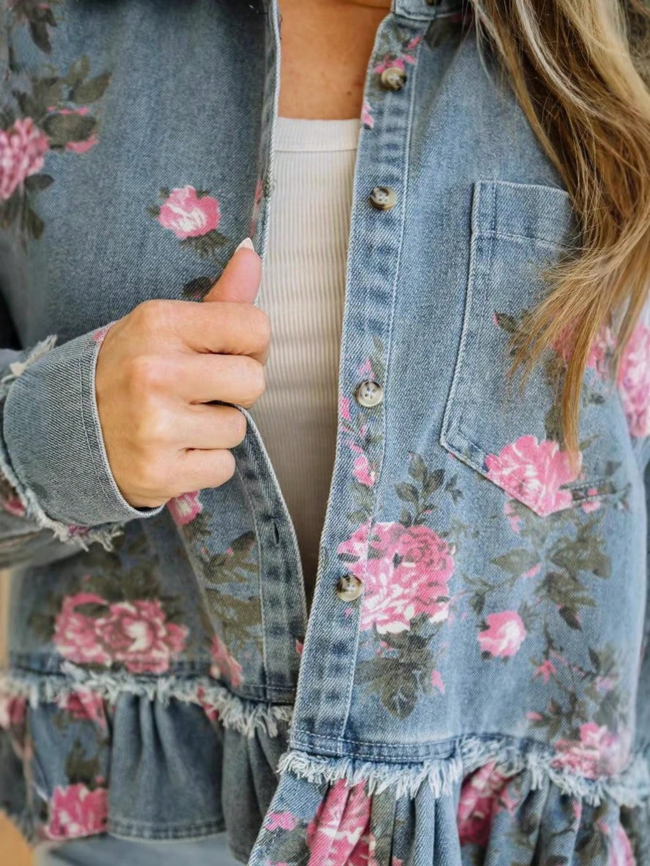 New Women's Retro Washed Floral Print Denim Jacket, Long-Sleeved, Collared, Ruffled Hem, Short Jacket, Summer Outfits For Womener. — foto 2