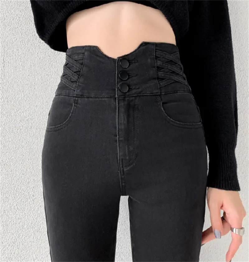 Tight High Waist And Small Feet Belly Women's Denim Trousers - Black