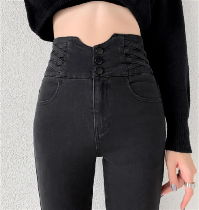 Tight High Waist And Small Feet Belly Women's Denim Trousers Black - Shop at LoveMi