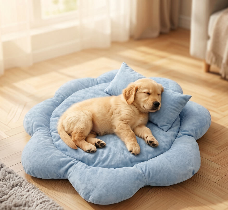WarmBolsterDogBedPetalDesignPetBedMatNonSlipCozyCatDogBedWithPillowCushion