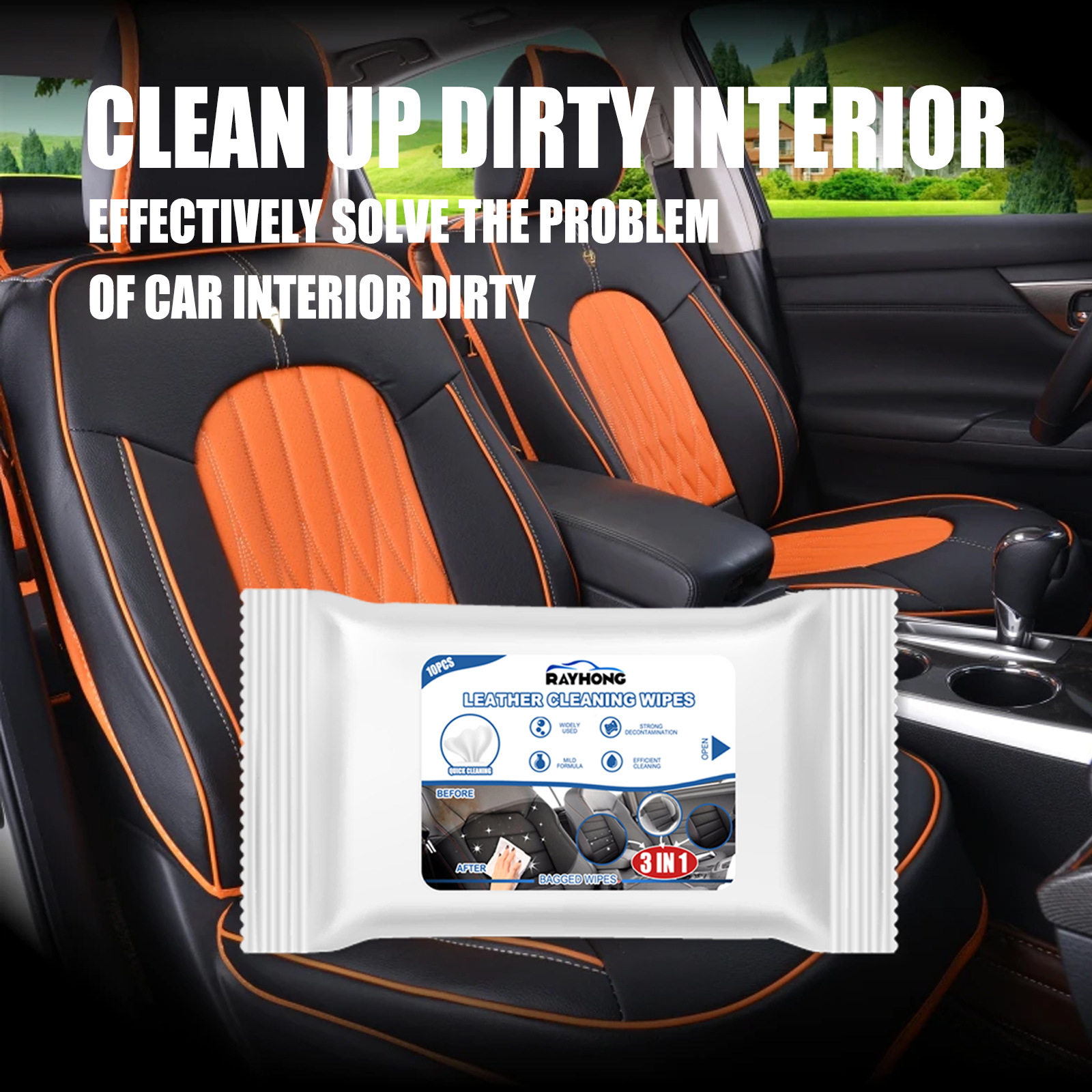 Lingettes nettoyantes sans eau pour cuir voiture (10 pièces) 1