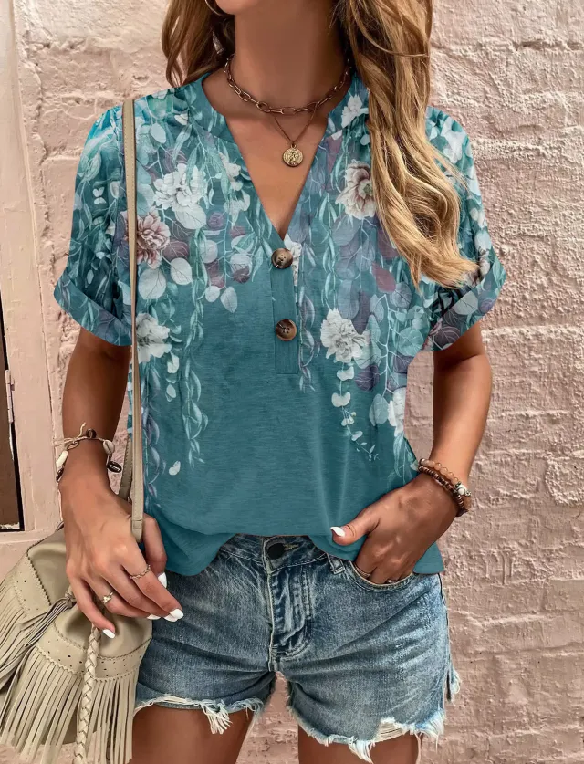 Printed Twisted Button Fashionable Short Sleeved Women Purple - Shop at LoveMi
