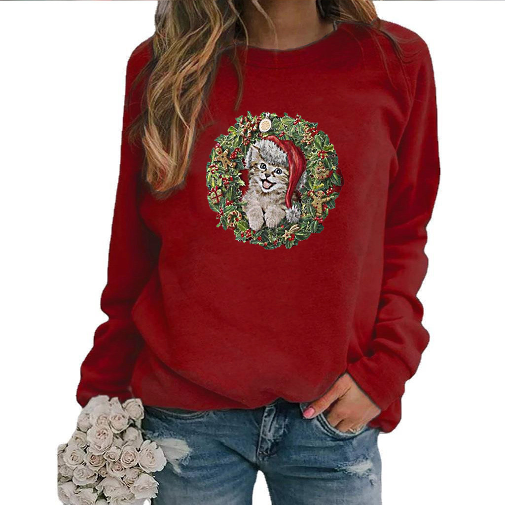 Title 2, Floral Cat Pattern Printing Long Sleeve Women