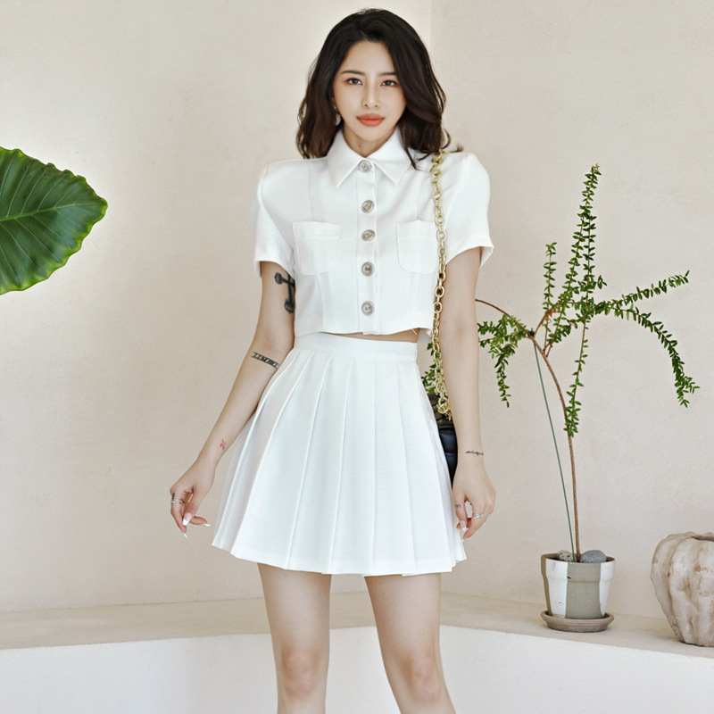 Women's New Fashion Short Top Pleated High Waist Pleated Skirt Suit
