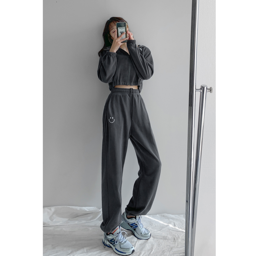 Women Smiley Face Embroidered Loose Casual Trousers Dark Grey - Shop at LoveMi