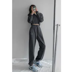 Women Smiley Face Embroidered Loose Casual Trousers - Dark Grey - View 1