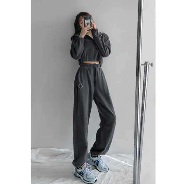 Women Smiley Face Embroidered Loose Casual Trousers Dark Grey - Shop at LoveMi