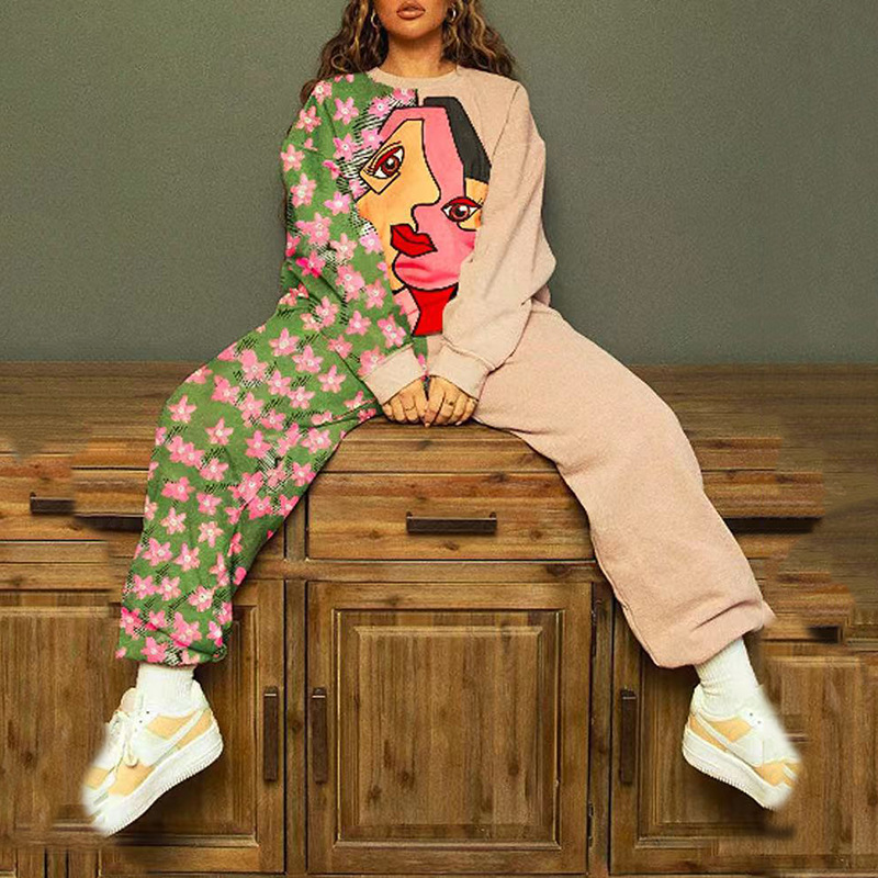 Casual Round Neck Loose Print Women's Sweater Suit