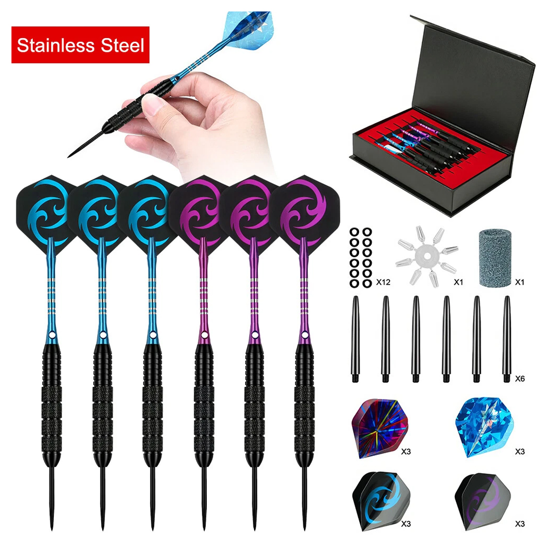 NEW 6 Pack Tungsten Darts Tip Set Steel Shaft 12 Flights With Case UK — image 10
