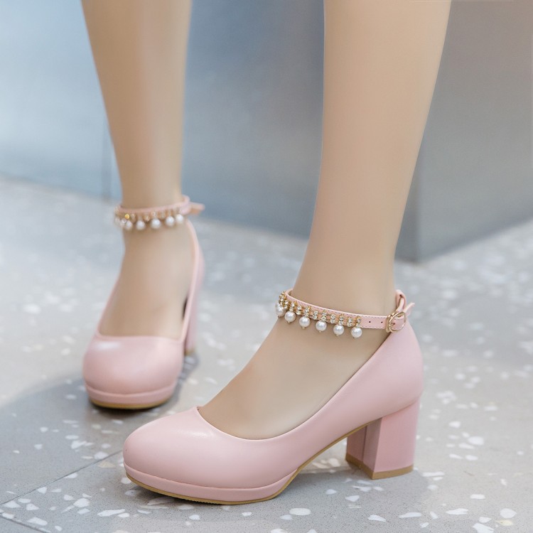 Fashion New Sweet Pearl Buckle Chunky Heel Women's Shoes Pink - Shop at LoveMi