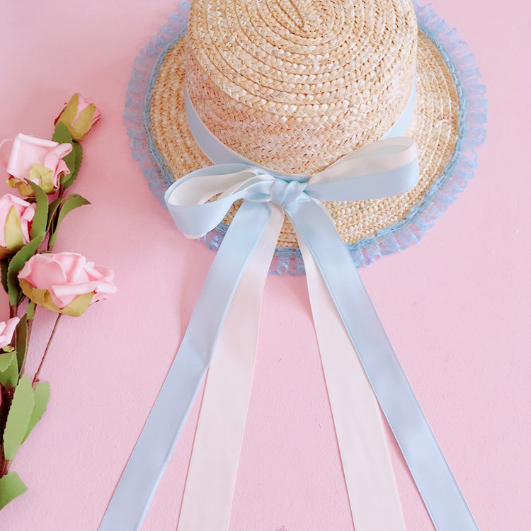 Lolita Lace Straw Hat With Long Ribbon Sweet Bow Lolita Strawberry Straw Hat Blue Bow Hat - Shop at LoveMi