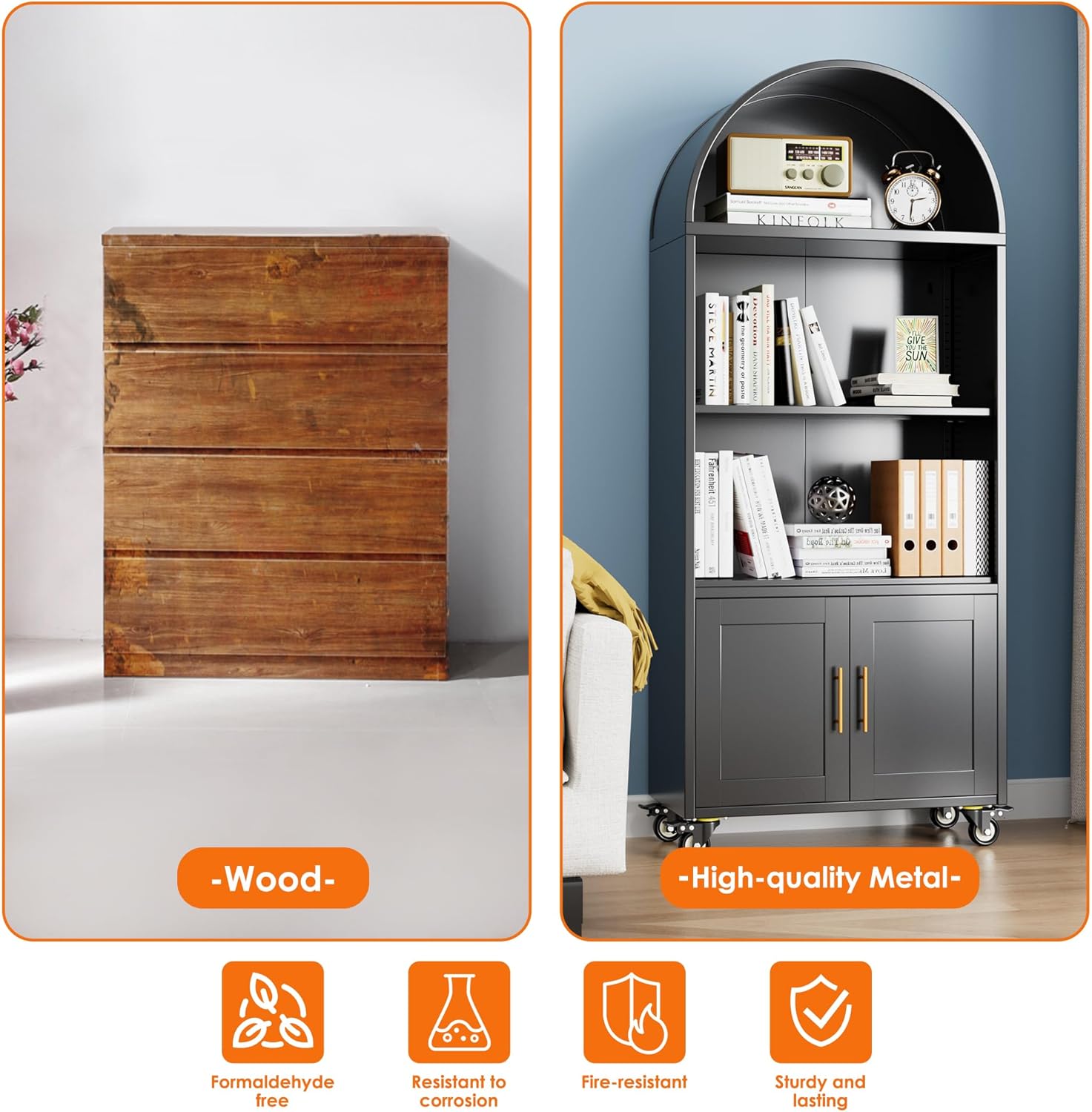 Modern Arched Metal Bookcase with Wheels – Freestanding Black Storage Shelf - Image 5