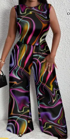 Casual Geometric Pattern Plus Size Jumpsuit With Sleeveless Top, Summer - Multicolor - View 1