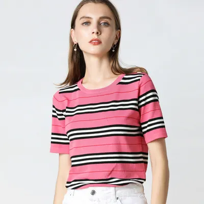 T-shirt Korean Striped Loose Bottoming Sweater - Pink