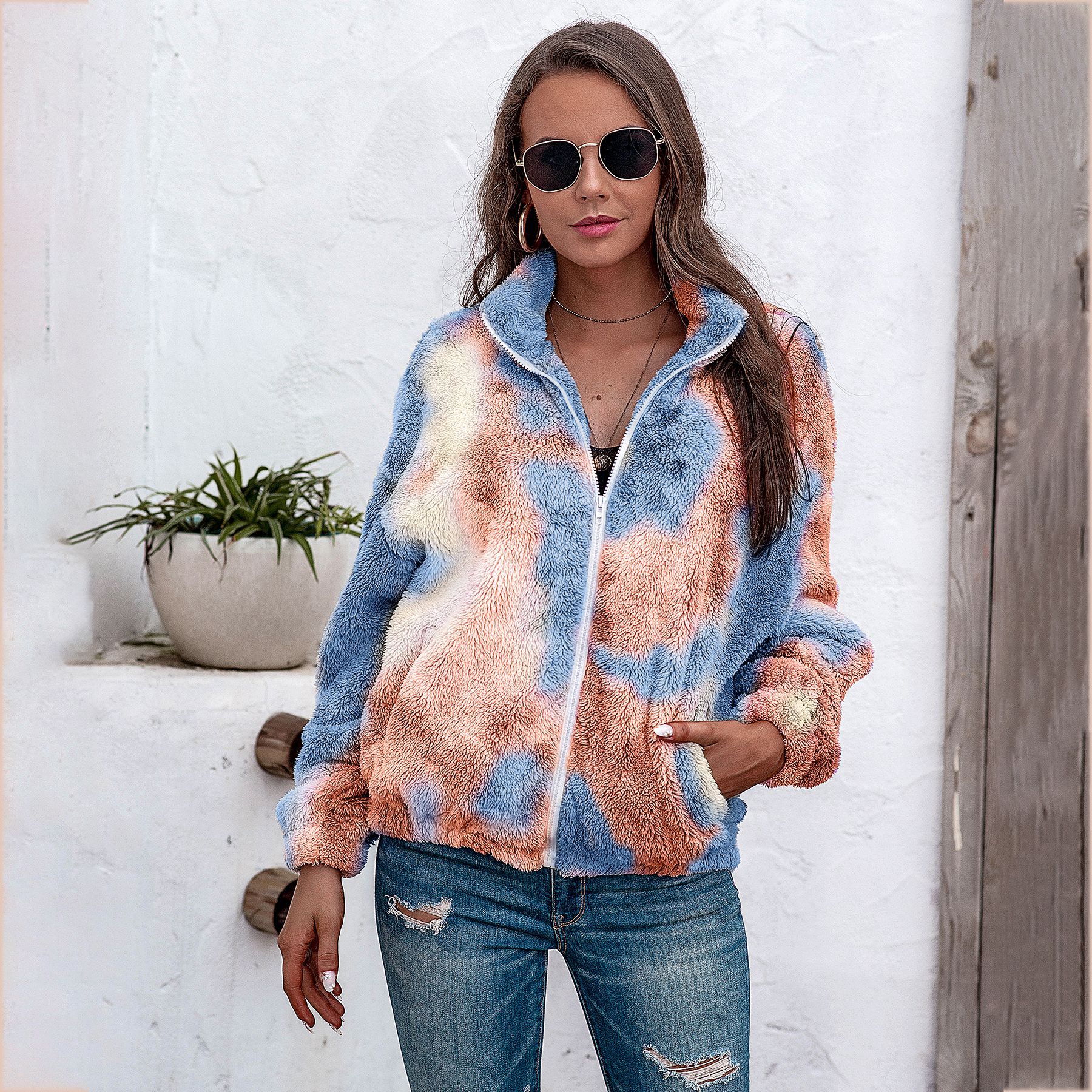 Title 8, Ladies tie-dye plush coat with zipper top