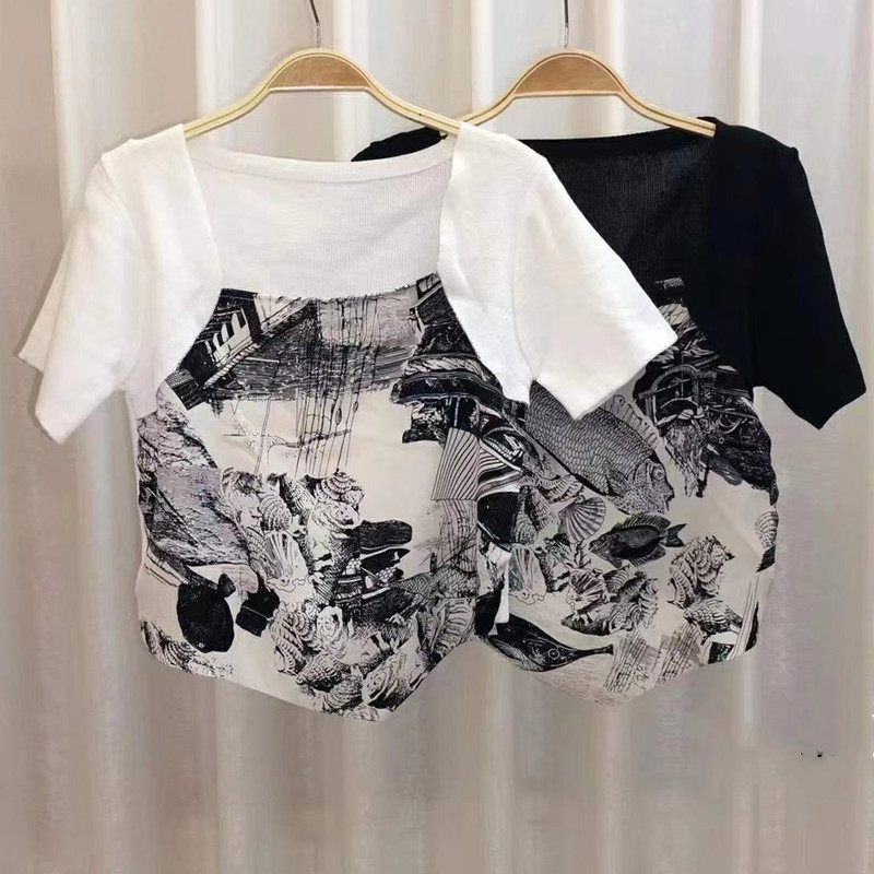 Slim Fit Stitching Printed Top Silk Scarf Short-sleeved Fake Two-piece T-shirt Women