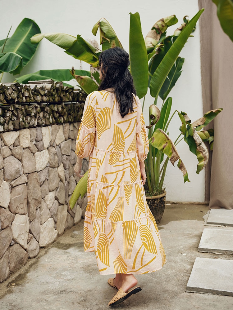 Puff-Sleeve V-Neck Dress