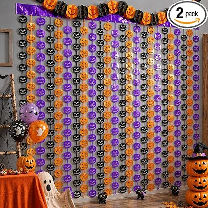 Lot de 2 rideaux à franges métalliques · citrouilles d’Halloween